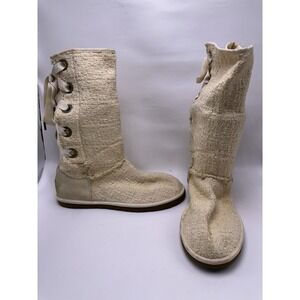 UGG Heirloom Lace Up Boots Womens Size 10 Cream Knit Ribbon Tall Winter 1000693